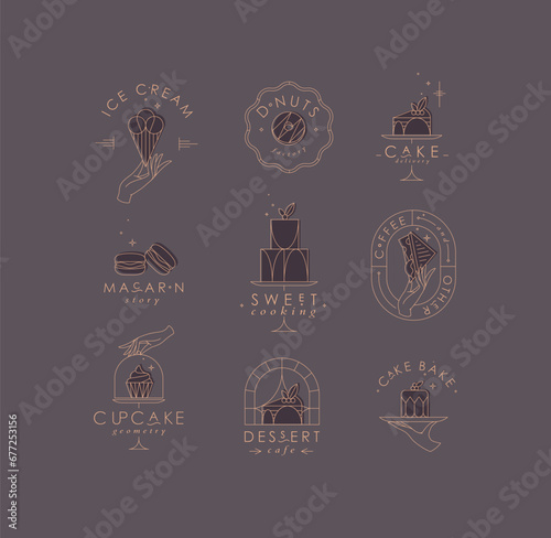 Obraz na płótnie Bakery dessert labels with lettering in art deco style drawing with brown on chocolate color background w salonie