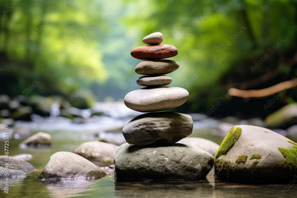 Zen garden with balanced stones, creating a serene and peaceful atmosphere for meditation Zen garden with balanced stones, creating a serene and peaceful atmosphere for meditation