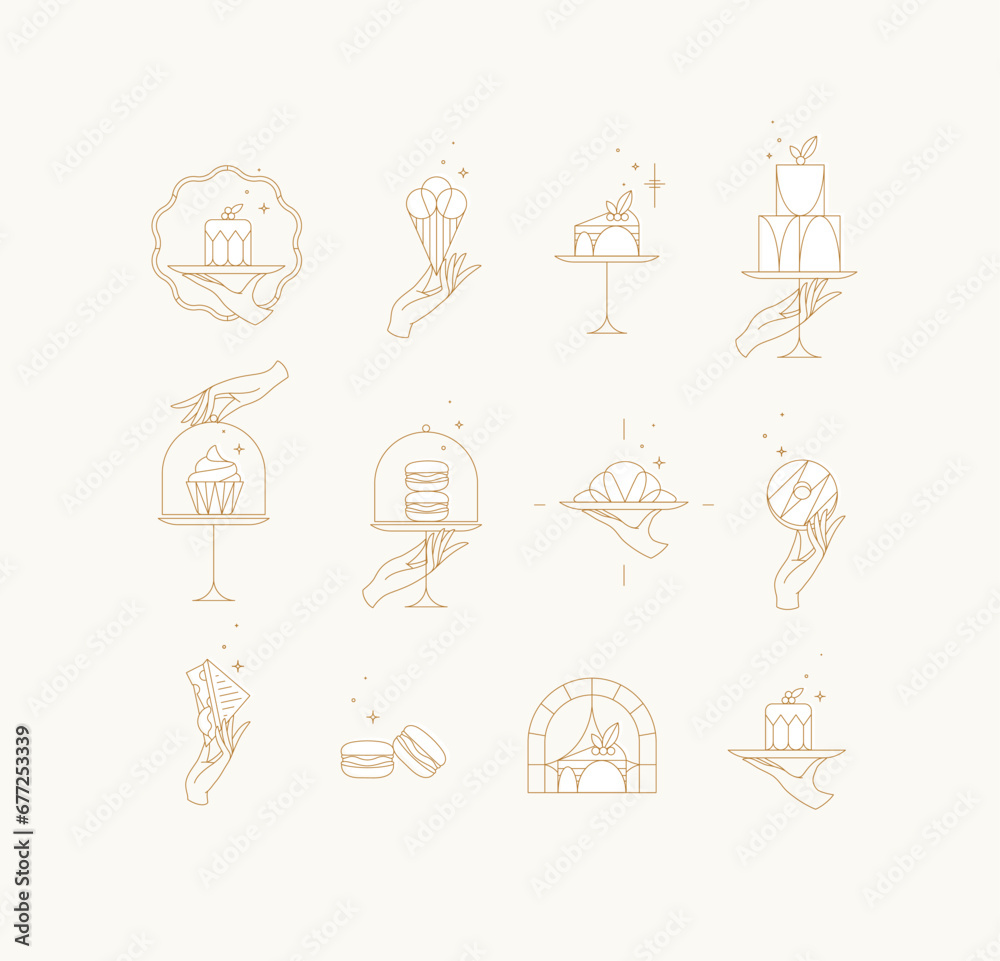 Desserts on cake stand in art deco style labels drawing with white on beige background