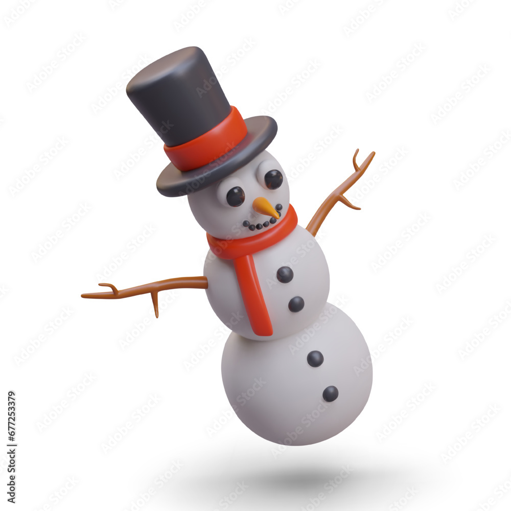 3D snowman in black top hat and red scarf. Smiling New Year character. Vector color illustration. Positive concept for Christmas design. Joy of winter holidays