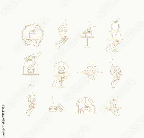 Obraz na płótnie Desserts on cake stand in art deco style labels drawing with white on beige background w salonie