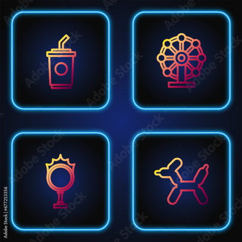 Set line Balloon dog, Circus fire hoop, Paper glass with water and Ferris wheel. Gradient color icons. Vector
