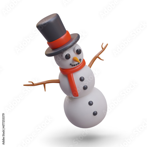 3D snowman in black top hat and red scarf. Smiling New Year character. Vector color illustration. Positive concept for Christmas design. Joy of winter holidays
