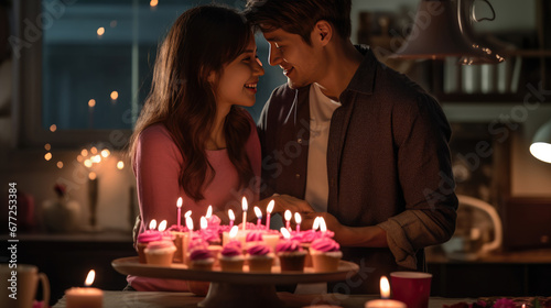 Romantic celebration, showing a couple smiling at each other over a cake with lit candles on cozy background