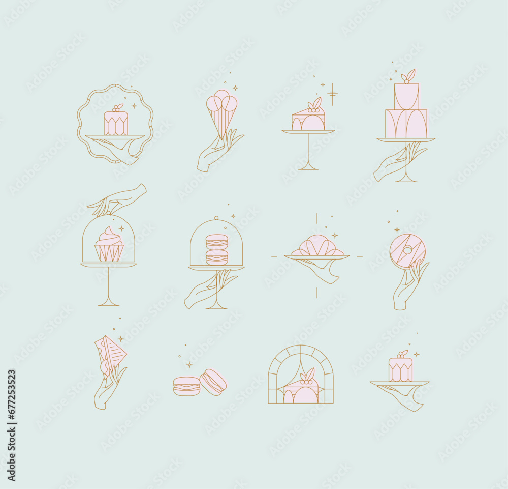 Desserts on cake stand in art deco style labels drawing with pink on turquoise background
