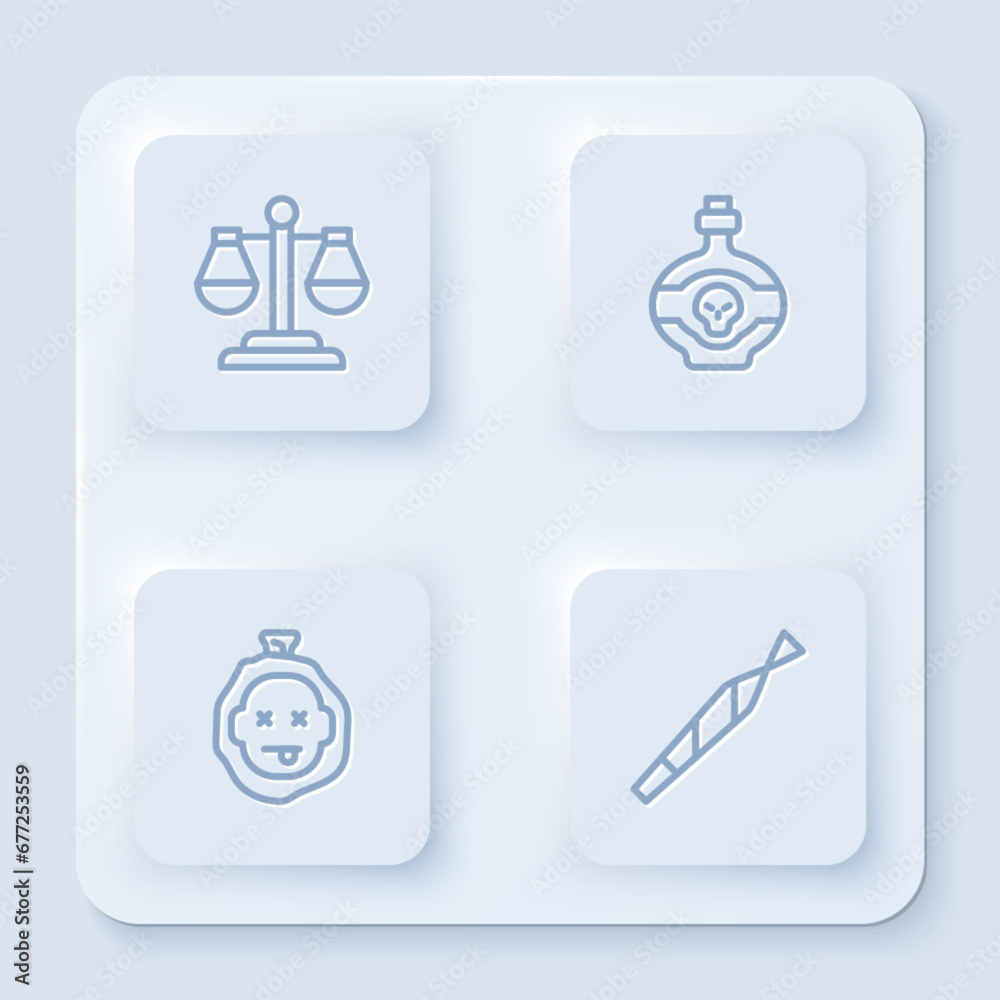 Set line Scales of justice, Poison in bottle, Murder and Marijuana joint. White square button. Vector