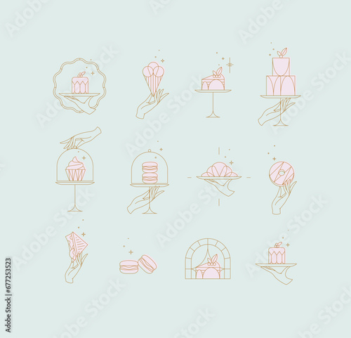 Desserts on cake stand in art deco style labels drawing with pink on turquoise background