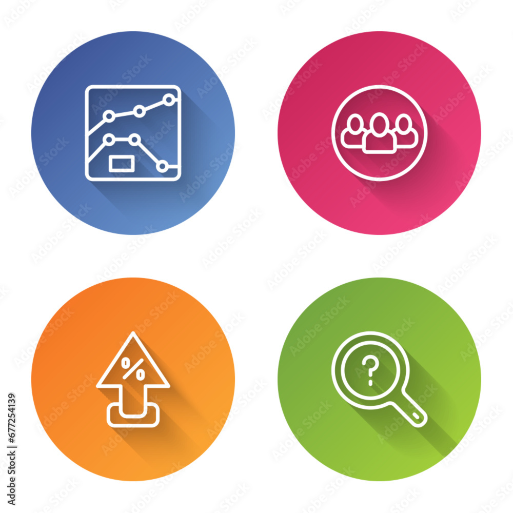 Set line Graph, chart, diagram, Project team base, Percent up arrow and Unknown search. Color circle button. Vector