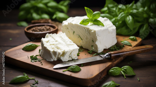 A round piece of fresh white cheese on a wooden board, accompanied by green basil leaves.