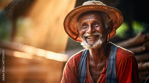 senior bearded farmer with straw hat standing crossed arms in field with sun behind him