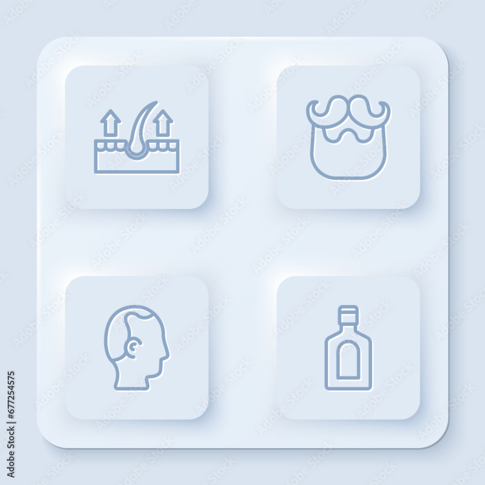 Set line Human hair follicle, Mustache and beard, Baldness and Bottle of shampoo. White square button. Vector Set line Human hair follicle, Mustache and beard, Baldness and Bottle of shampoo. White square button. Vector