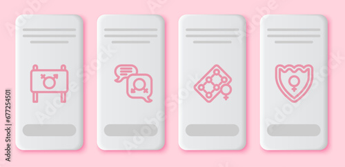 Set line Feminist activist, Gender equality, Packaging of birth control pills and shield, Female. White rectangle button. Vector