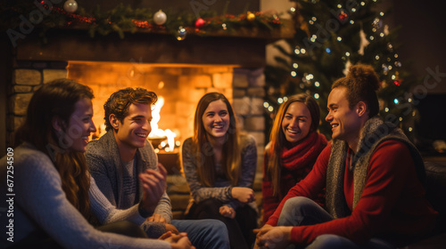 Friends are enjoying a cozy evening by a fireplace, laughing and chatting in a festively decorated living room during the holidays.