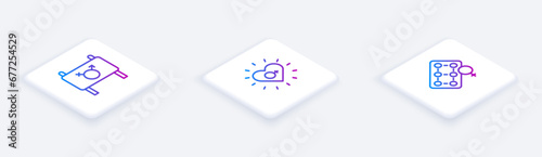 Set Isometric line Feminist activist, Feminism and Packaging of birth control pills. White square button. Vector