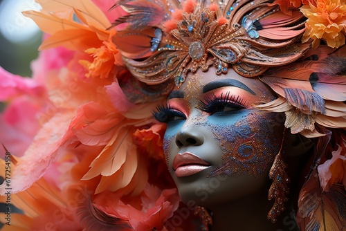 Close-up of beautiful African woman wearing carnival handcrafted headdress made of feathers and flowers. Charming black lady with bright glamor makeup and body art. Beauty, art and fashion. photo
