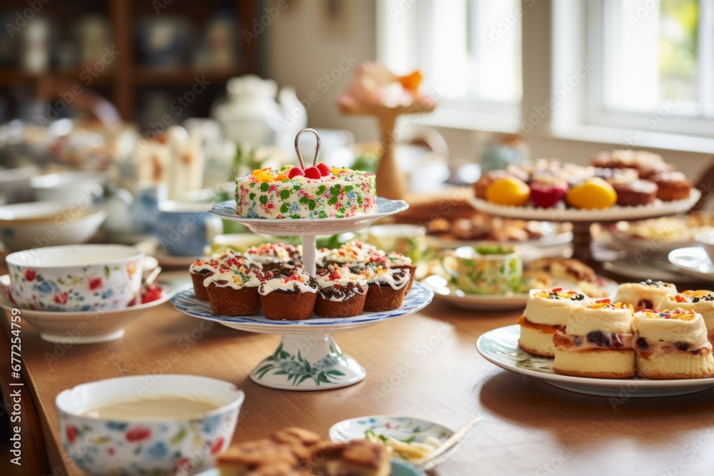 Vibrant brunch gathering with delightful treats and tea on beautifully arranged table
