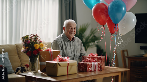 An elderly man laughing joyfully while holding a gift, surrounded by colorful balloons and decorations in a festive home setting, suggesting a celebration such as a birthday or retirement party.