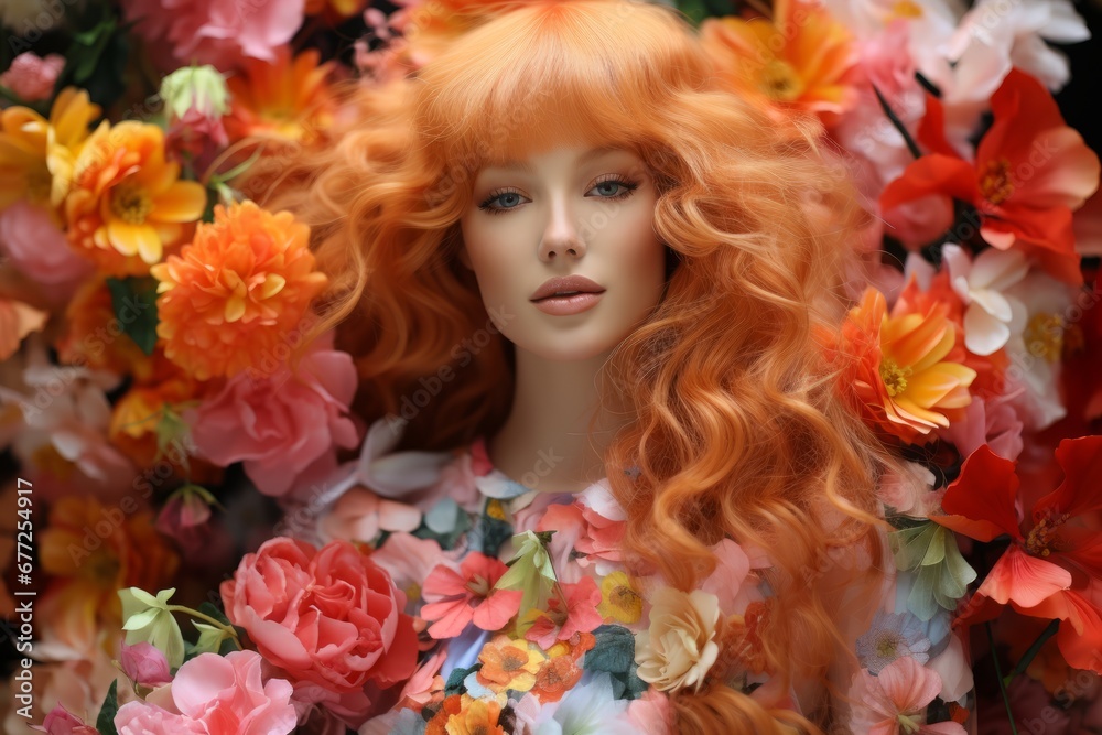 Close-up of beautiful young Caucasian woman in the midst of colorful pastel lush flowers. Red-haired blue-eyed girl in stylish summer dress posing against floral background. Beauty, art and fashion.
