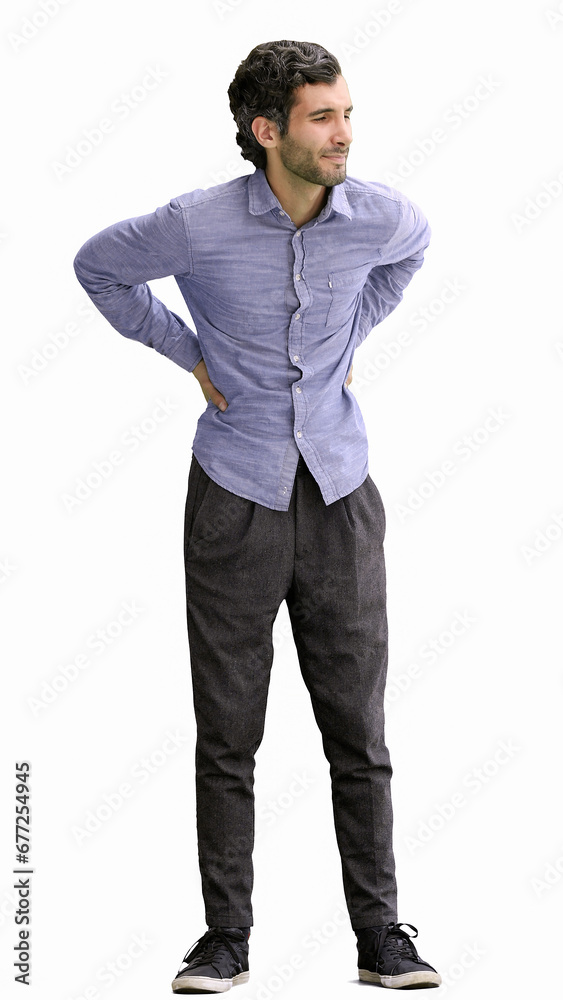 young man in full growth. isolated on white background demonstrates back pain young man in full growth. isolated on white background demonstrates back pain