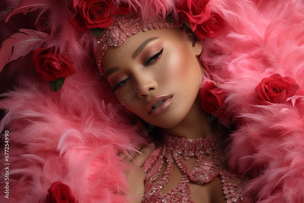 Close-up of beautiful young Hispanic woman wearing pink carnival headdress made of feathers and flowers. Charming swarthy girl in ethnic handcrafted attire. Beauty, art and fashion.