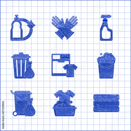 Set Washer and t-shirt, Plastic basin with soap suds, Towel stack, Bucket foam bubbles, Trash can, garbage bag, Cleaning spray bottle detergent liquid and bottles for dishwashing icon. Vector