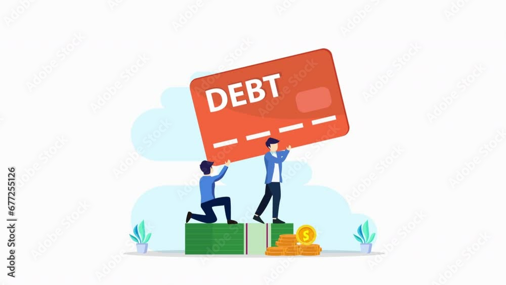 Credit card debt concept, Frustrated businessman having financial problems, debts and loans. 2d video animation 4k clip