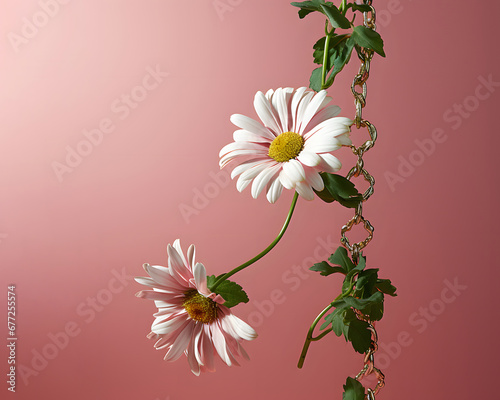 .Spring flowers trapped in a golden chain  creative aesthetic concept  pink background.