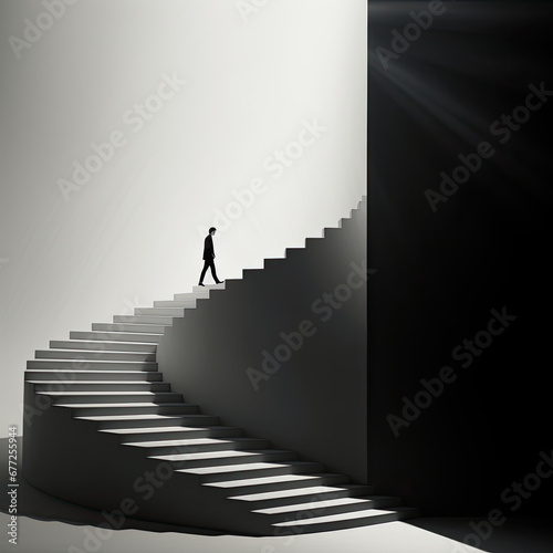 Urban Ascent: People Walking Down Stairs on One Side of the Building, Enveloped in the Style of Shadowy Stillness and Modernism-Inspired Portraiture