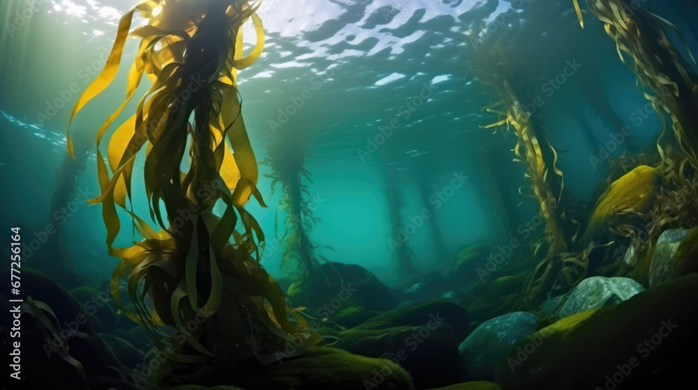 The Channel Islands in California host a vibrant submerged forest of Giant Kelp home to countless marine species With copyspace - obrazy, fototapety, plakaty 