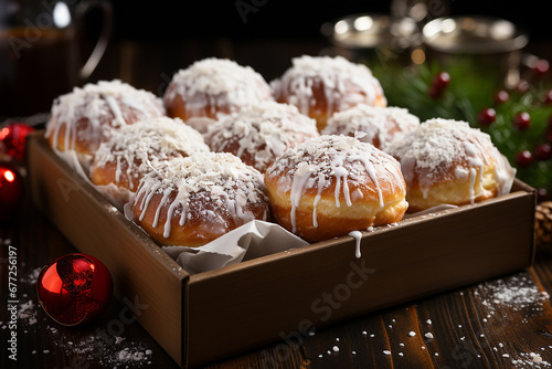 German donuts in box - krapfen or berliner - filled with jam. Associated with the concepts of Fat Tuesday, Fat Thursday, and Mardi Gras festival. AI