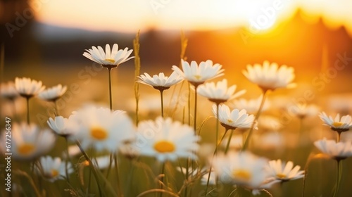 The landscape of white daisy blooms in a field with the focus on the setting sun The grassy meadow is blurred creating a warm © Fred