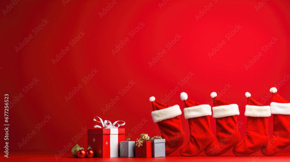 Festive Christmas setup with red Santa stockings hung in a row, accompanied by wrapped gifts and baubles on a striking red background. Festive Christmas setup with red Santa stockings hung in a row, accompanied by wrapped gifts and baubles on a striking red background.