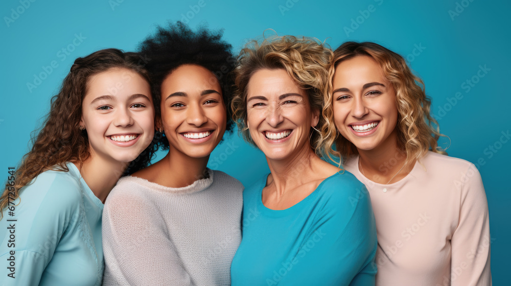 Four happy women of different ages and ethnic backgrounds, with bright smiles, posing together against a vibrant blue background. Four happy women of different ages and ethnic backgrounds, with bright smiles, posing together against a vibrant blue background.