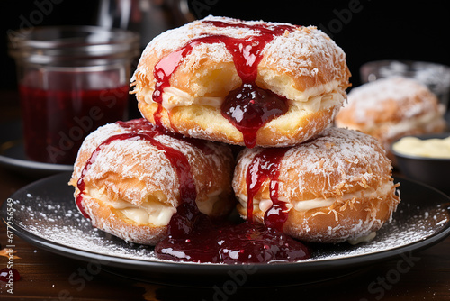 German donuts - krapfen or berliner - filled with jam. Associated with the concepts of Fat Tuesday, Fat Thursday, and Mardi Gras festival. AI photo