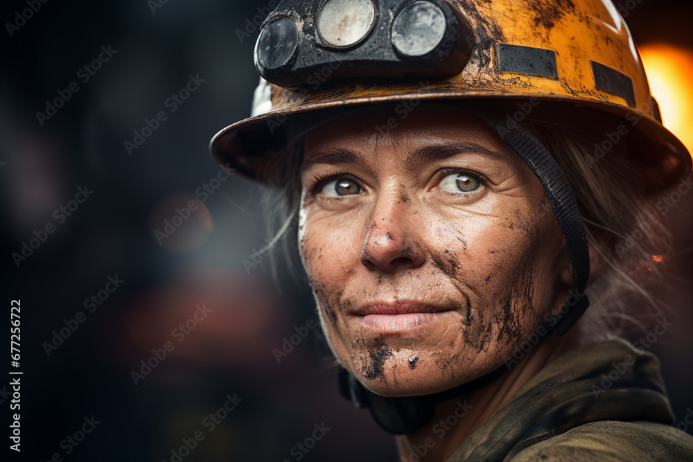 Generative ai technology portrait of mine worker wearing hardhat helmet standing in a mine Generative ai technology portrait of mine worker wearing hardhat helmet standing in a mine