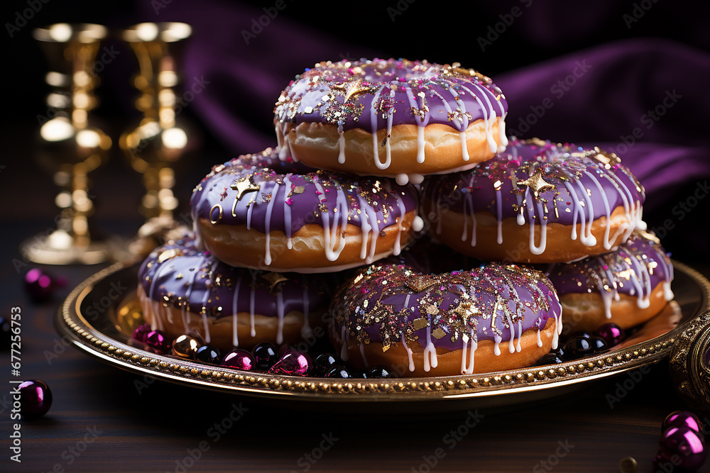 Colorful glazed doughnuts. Сoncept of Fat Thursday, Fat Tuesday, and Mardi Gras festival. AI