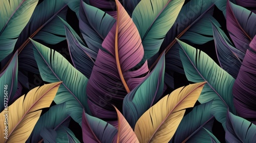 Tropical luxury exotic seamless pattern Pastel colorful banana leaves palm Handdrawn vintage 3D illustration Dark glamorous photo