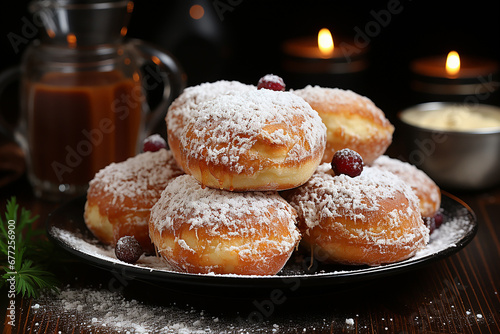 Hanukkah symbol jewish food holiday image of donut with jelly and sugar powder. AI Generative