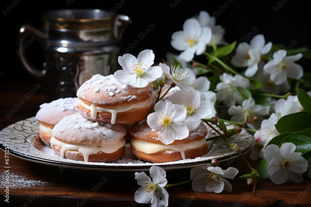 Homemade Berliner donuts dusted with powdered sugar, adorned with white flowers. Associated with the concepts of Fat Tuesday, Fat Thursday, and Mardi Gras festival. AI Homemade Berliner donuts dusted with powdered sugar, adorned with white flowers. Associated with the concepts of Fat Tuesday, Fat Thursday, and Mardi Gras festival. AI