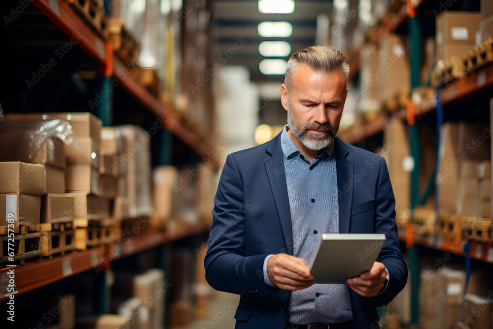 Fototapeta premium A middle-aged man stands in a warehouse with a tablet computer, checking the statements for the presence of goods for warehouse accounting and bookkeeping,