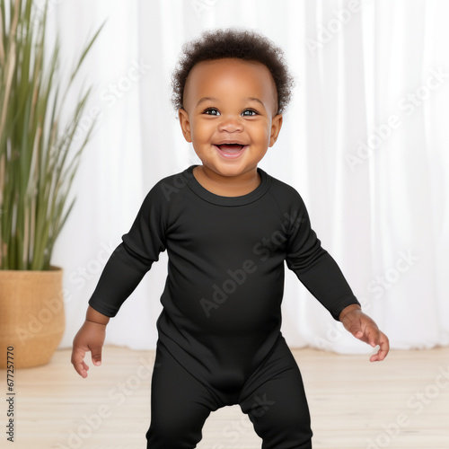 Adorable Black Baby Onesie Mockups: Cute Baby First steps walking photography wearing a black bodysuit, Adorable Baby Onesie Portrait