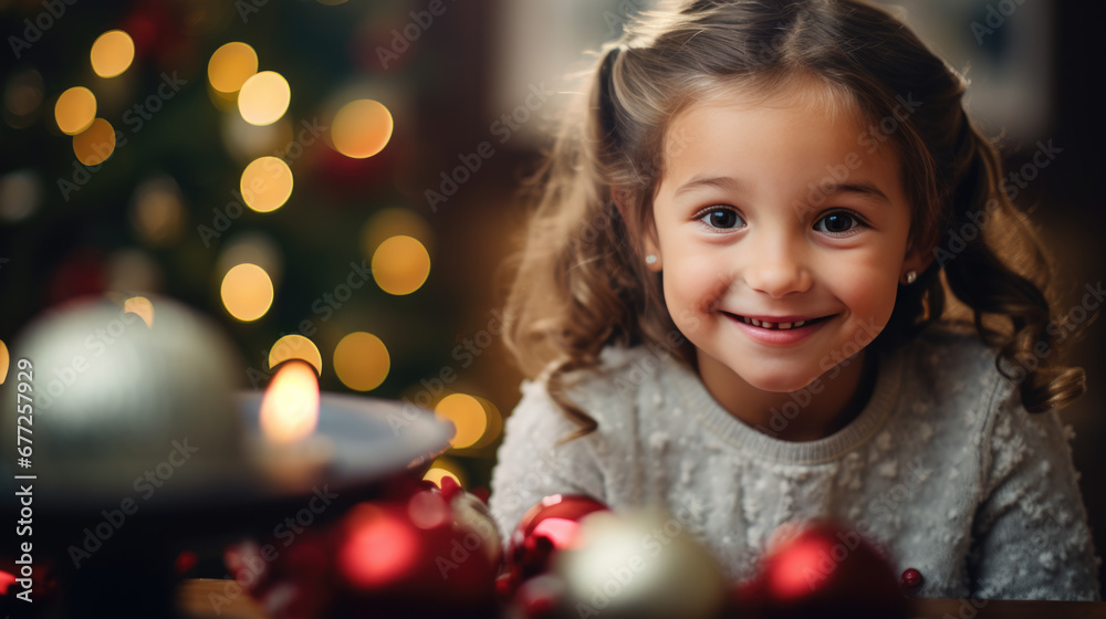 Young girl with a bright smile sitting at a table with candles lit and a Christmas tree in the background. Young girl with a bright smile sitting at a table with candles lit and a Christmas tree in the background.