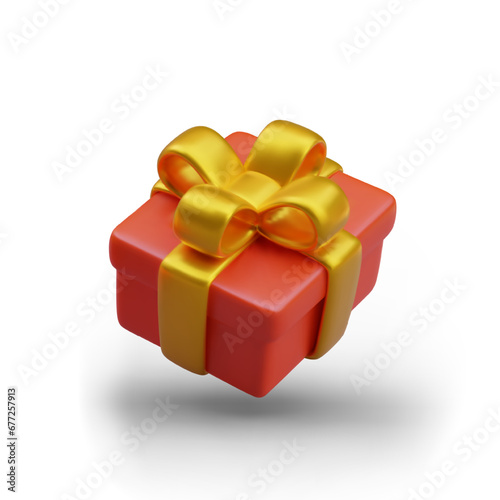Gift in red wrapping with gold bow. Isolated illustration on white background. Festive element, pleasant surprise. Christmas gift. Template for seasonal design