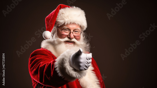 Santa Claus in his iconic red and white attire is joyfully pointing forward with a warm, inviting smile, embodying the spirit of Christmas.