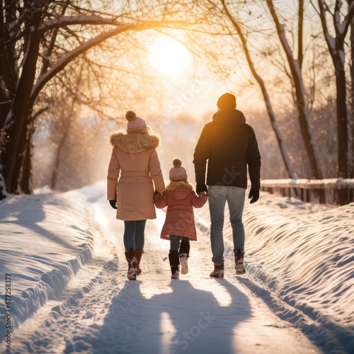 Family walking in the snow and sun