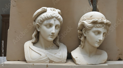 Two ancient greek marble busts, against a beige background.