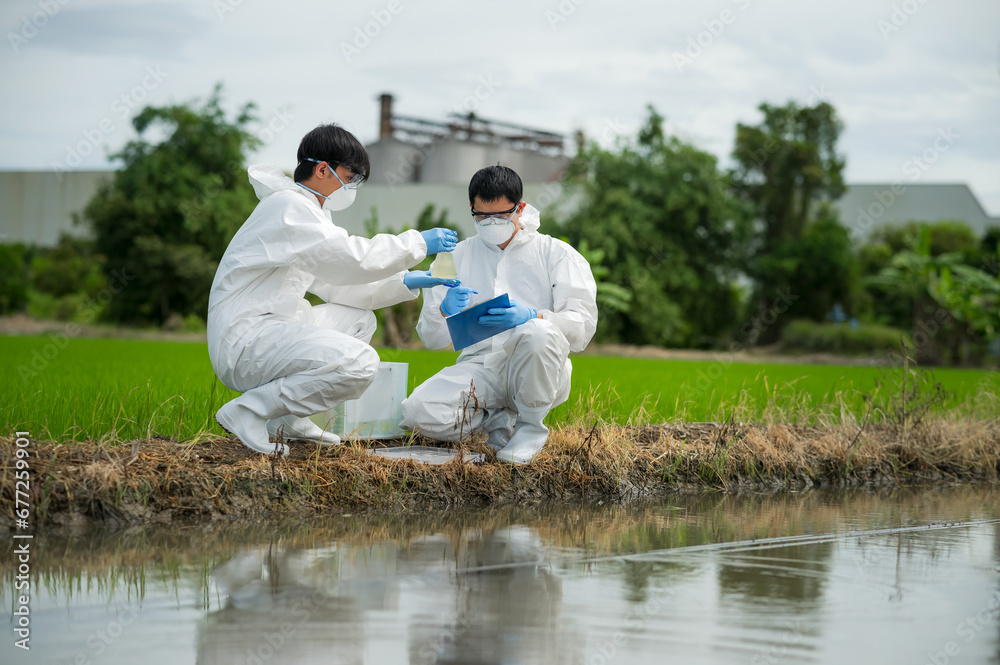 Saving earth. Environmental researchers investigate the condition of canal water for toxic spill, river waste water sampling, Scientist collect water samples for analysis and research on water quality Saving earth. Environmental researchers investigate the condition of canal water for toxic spill, river waste water sampling, Scientist collect water samples for analysis and research on water quality