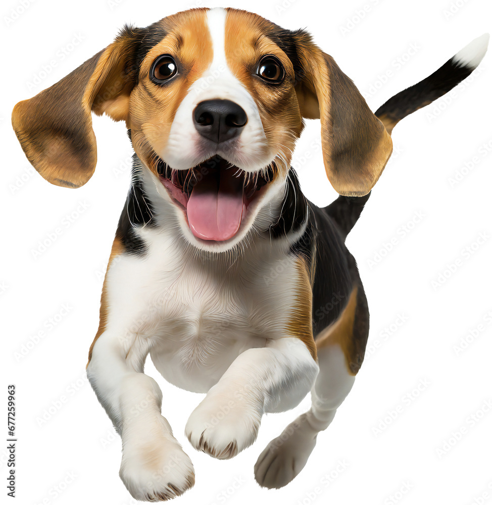 Cute Beagle puppy dog jumping isolated image. Funny pet doggy jump.