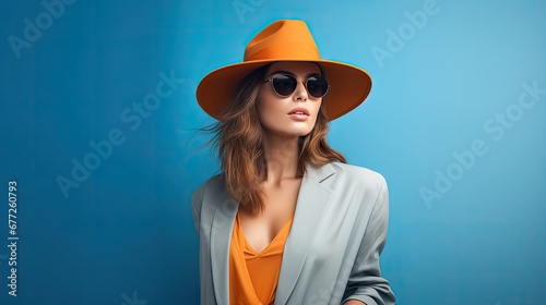  a woman wearing a hat and sunglasses poses for a picture in front of a blue wall wearing a gray jacket and orange top.  generative ai photo