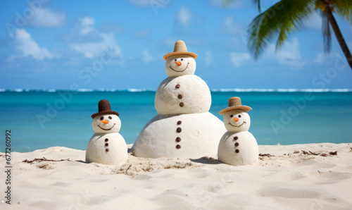 Family winter holiday. A family of snowmen people relaxing on a tropical beach